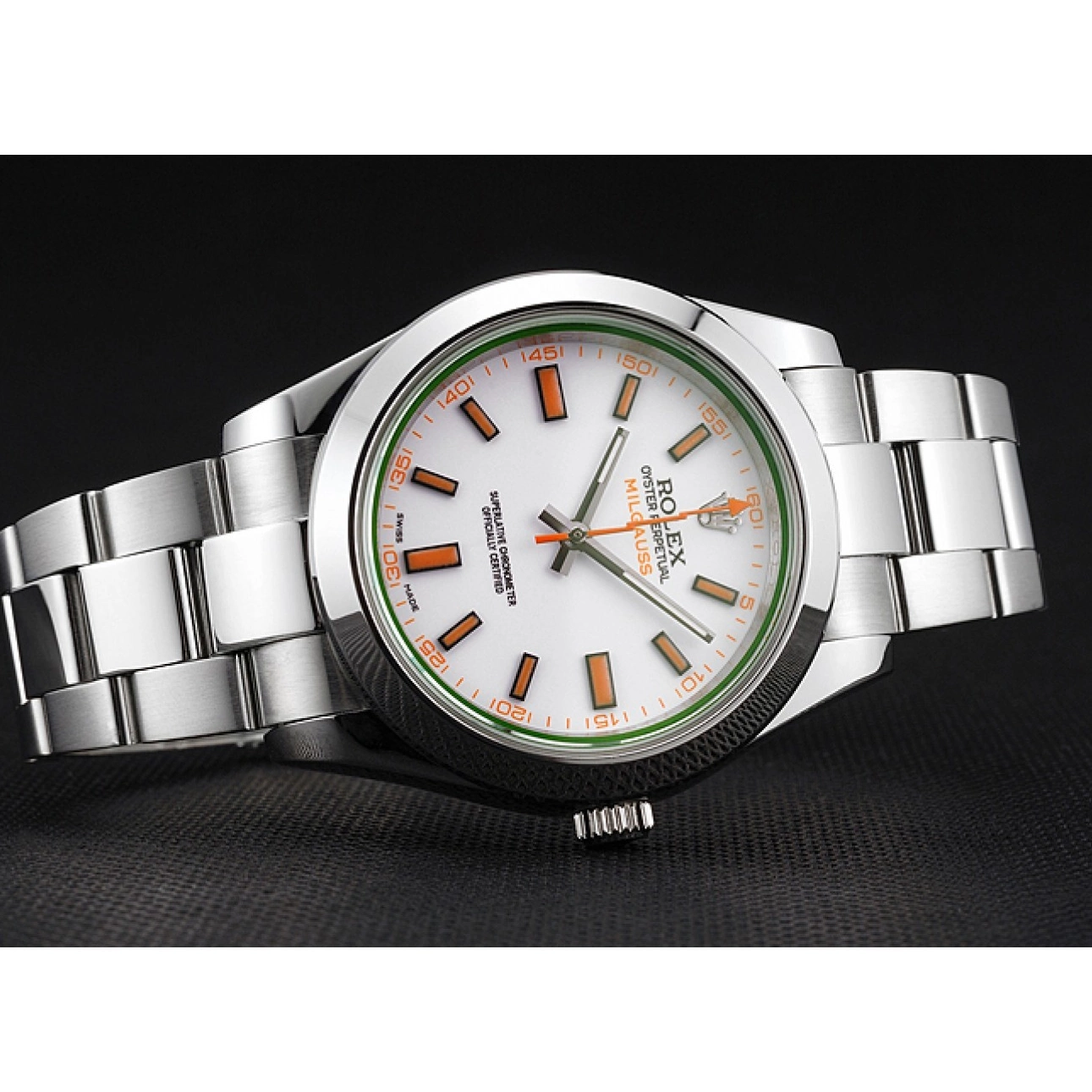 Rolex copies cheap Steel Case White Rolex Stainless Dial Bracelet Swiss Orange Milgauss And Markings 0612
